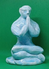 "Blue Yoga" - Expensive Original Clay Sculpture. Hand made and glazed. Signed.