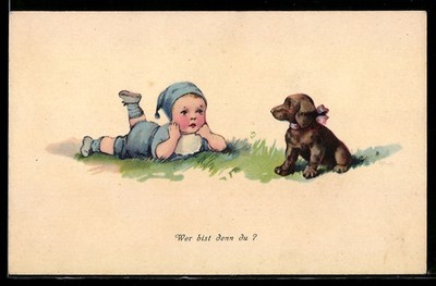 Künstler-AK Elly Frank: Wer bist denn du?, Junge mit Hundewelpen 