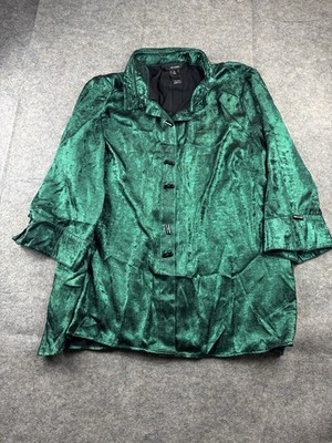 Ali Miles Womens Plus 2X Metallic Green Button Up Stand Collar Top Blouse Artsy