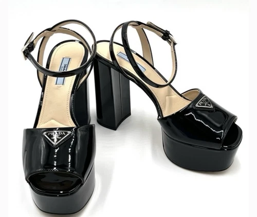 Sandale plate forme Prada 115 mm cuir verni noir bride cheville bloc talon escarpin 38