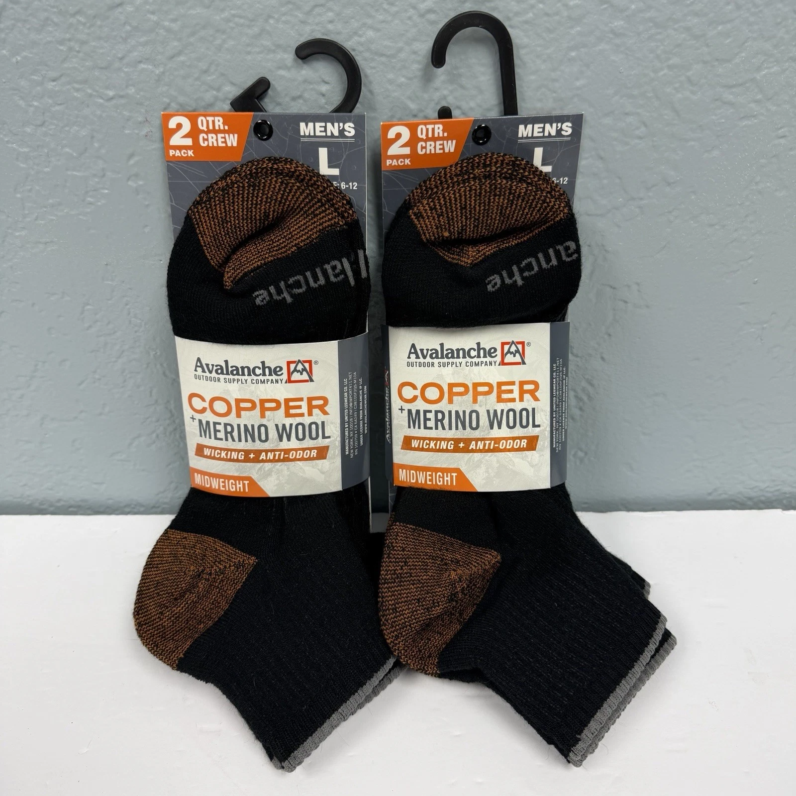 Avalanche Merino Wool Copper Men’s Quarter Crew Socks L 6-12 Lot of 4 Pairs
Opens in a new window or