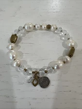 Silpada Down to Earth Sterling Silver Charm Pearl Crystal Beads Stretch Bracelet