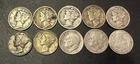 Lot of 10 - 1964 and Earlier Roosevelt and Mercury Silver Dimes - 90% Silver