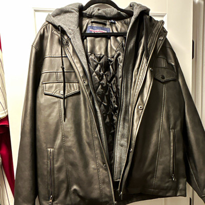 Men's Black/Gray Faux Leather Hooded Bomber Jacket Full Zip Quilted Lining XL