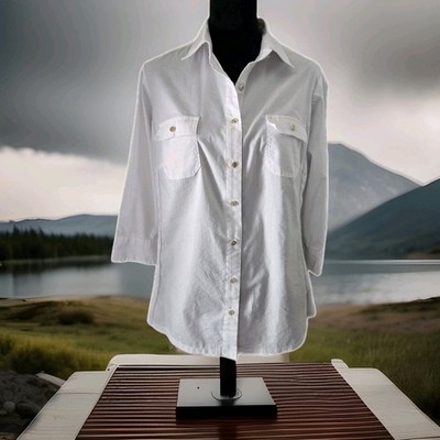 Laura Scott Womens 1X White Cotton Blend 3/4 Sleeve Button Up Classic Blouse 