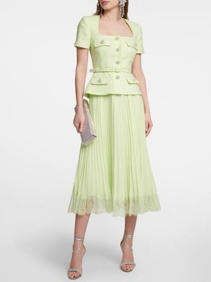 Women Self-Portrait Square Neck Mesh Contrasting A-line Midi Dress