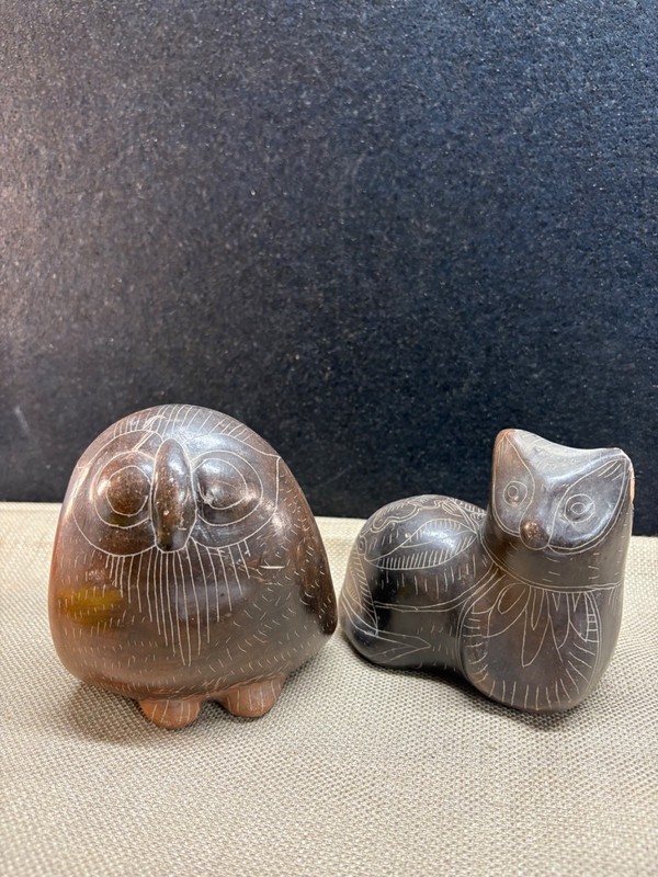 Mexico Pottery Owl and Cat Hand Painted Pair Vintage see below