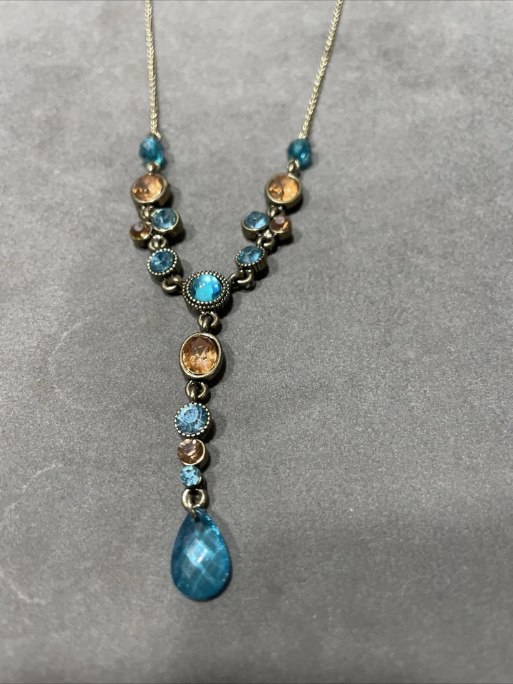 Collar gargantilla cadena colgante Y 15" Avon HS Gold-T imitación topacio/famitación zafiro azul Foto 2 de 3