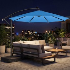 Outsunny 10 ft Offset Cantilever Patio Umbrella w/ Light, Weight, Lake Blue