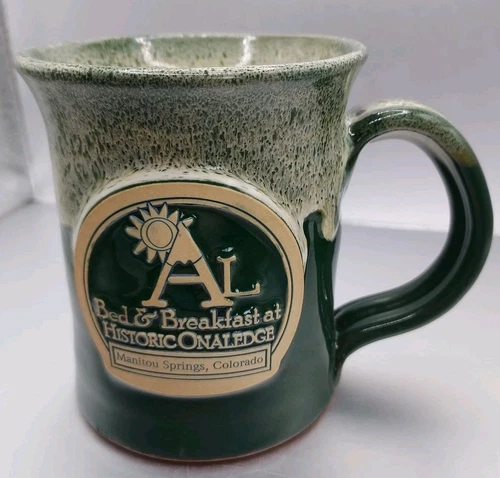 Deneen Pottery Green Drip Coffee Mug B&B Historic Onaledge - Manitou Springs Vtg
