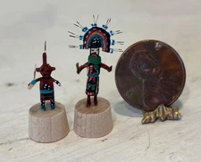 2 Vtg Tiny Dollhouse Miniature Hopi Kachina Figures Artist YKH Mudhead Butterfly