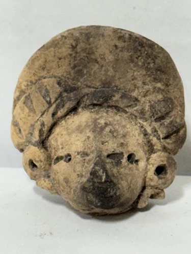 Pre-Columbian Terracotta Head Fragment Incised Headdress Ear Ornaments 1¾” D7
