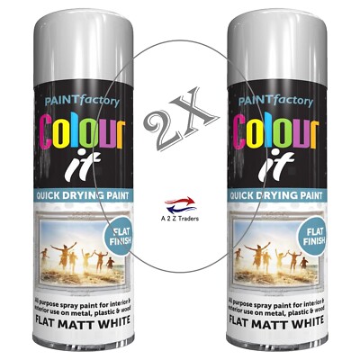 2x WHITE PAINT SPRAY FLAT MATT QUICK DRYING PAINT FOR PLASTIC METAL WOOD  250ML UK