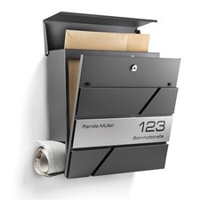Moderner Briefkasten Anthrazit mit Zeitungsfach personalisiert inkl. Montagemat.