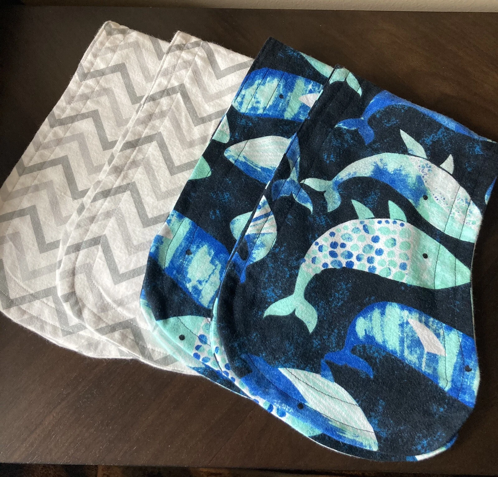 Baby Boy Infant Burp Cloths~Blue Whale/Zig-Zag ~Homemade~Set/4~Skin Soft Flannel