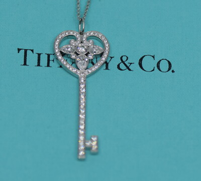 Tiffany Co Open Heart 1 25 Ctw Diamond Platinum Key Pendant Necklace Ebay