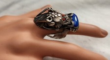 EARLY CHINA STERLING RING W, DRAGON, LAPIS & CORAL