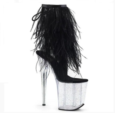 Black Flamingo Marabou Fur Fringe Ankle Boot