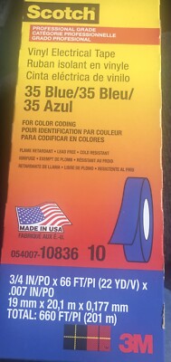 3M Scotch 35 Vinyl Electrical Color Coding Tape 3/4'' x 66ft Blue 10836  (10) Pac