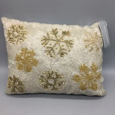Glitz & Glimmer Christmas Beaded Gold Snowflake Throw Pillow Decor Silver 12x16"