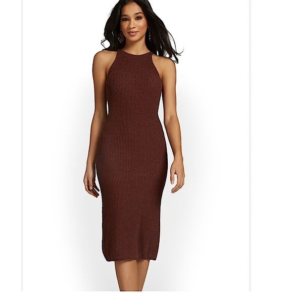 revolve brown halter dress House of Harlow 1960 Revolve Ribbed Midi Dress BodyCon Knit Metallic Halter  M