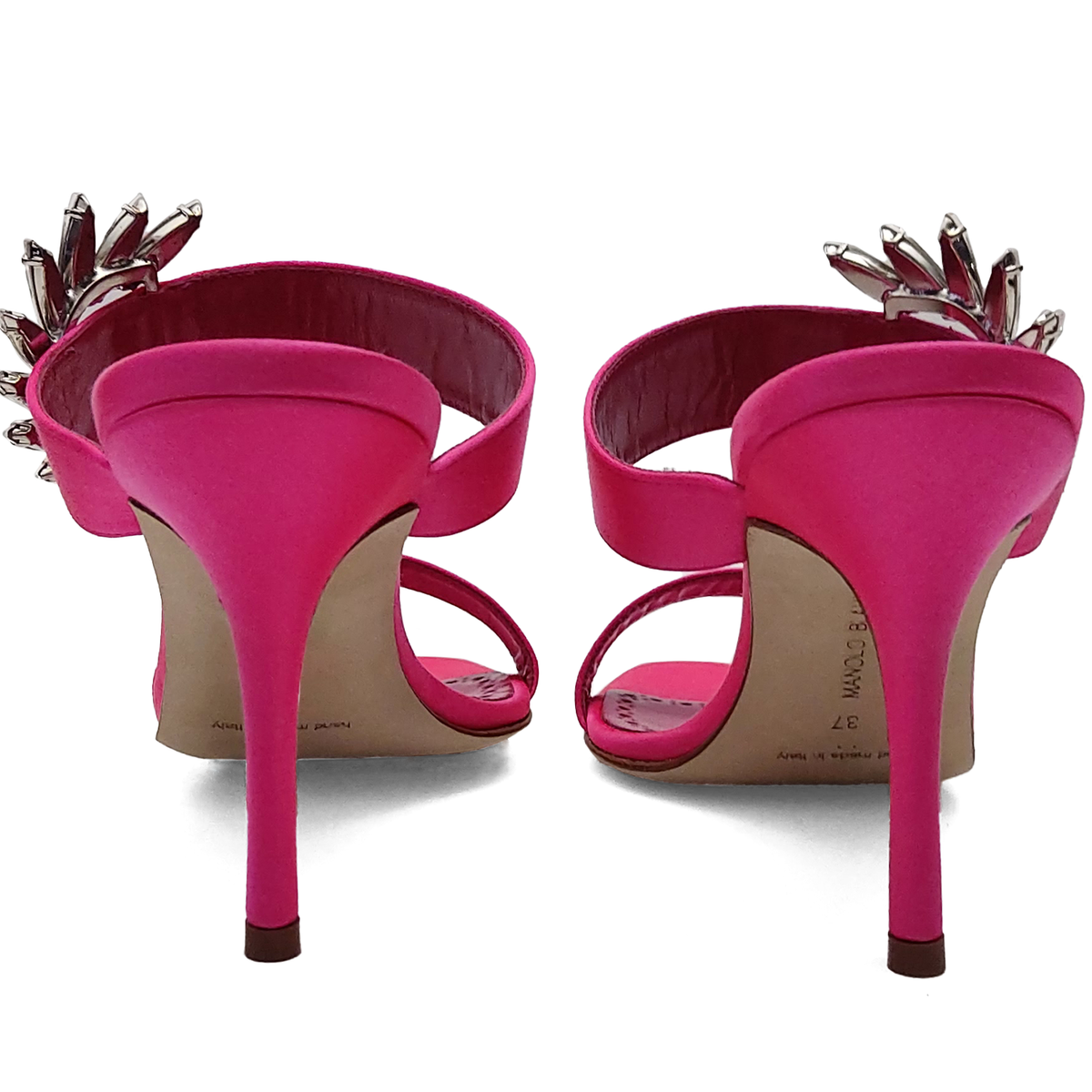 Manolo Blahnik Chivela Pink Satin Sandals Crystal Embellishments