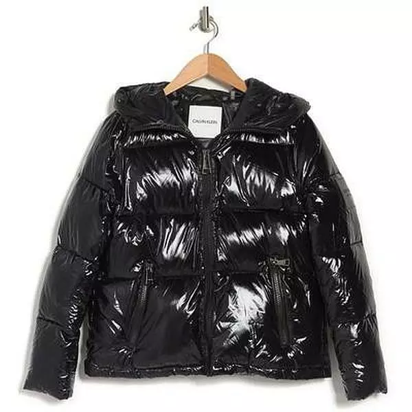 280 CALVIN KLEIN Quilted Hooded Superwet 400T Shiny Puffer Jacket Black XS