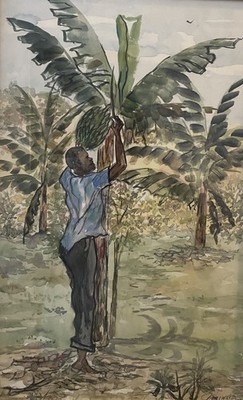 Vintage 1978 Watercolor Man Harvesting Bananas Tropical Scene Signed Walker