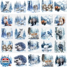 WANDIC 5 Sheets Rub on Transfer, Blue Toned Winter Animals Decal Winter Snow 