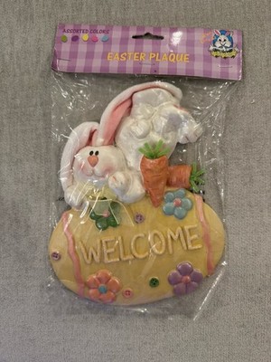 Happy Easter Bunny Welcome Plaque Floral Multicolor Resin Ready To Hang Decor