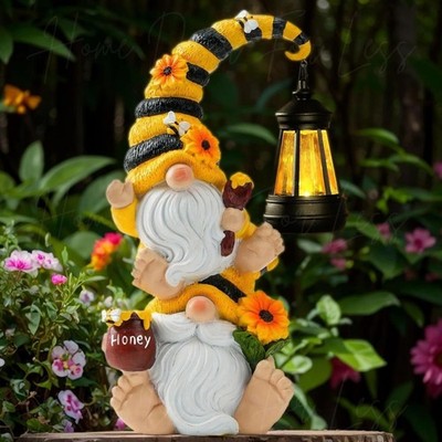 Stacked Bumble Bee Gnome Garden Statue with Solar LED Lantern Outdoor Yard Decor