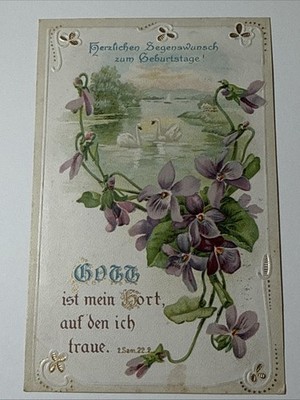 1916 German Language Embossed Violets Swans Birthday Card Postcard Vtg