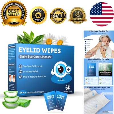 14PCS Tea Tree Oil for Itchy & Dry Eyes, Pre-Moistened Wipes for Styes & Blep...