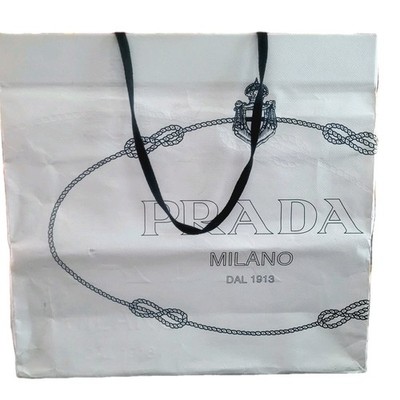 PRADA WEISS & BLAU GROSSE 16,5 ZOLL GEBRAUCHTE EINKAUFSTASCHE MIT GRIFF AUTHENTISCH