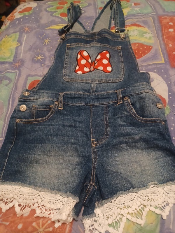 Disney Demin Overall Shorts Girls XS NWT Lace Trim Minnie Mouse Bow Embroidered