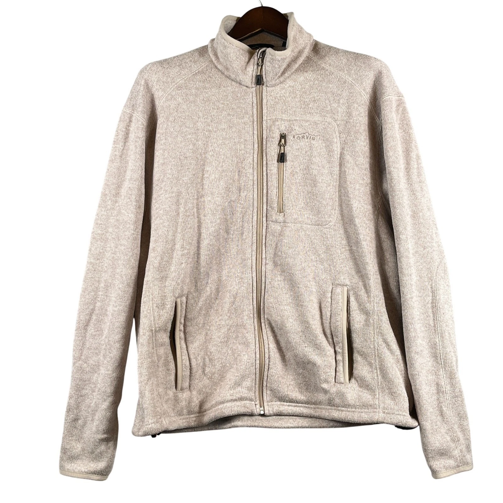 Orvis Mens L Full Zip Fleece Jacket Beige Trout Bum Outdoor Casual Coat Gorpcore