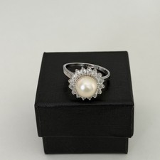 Ladies 9MM Genuine Pearl  CZ Vintage Halo Silver Tone Ring Size 9