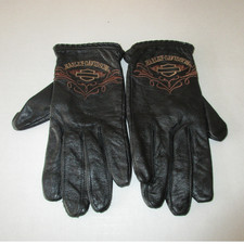 Vintage Ladies Harley Davidson Embroidered Black Leather Riding Gloves