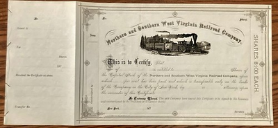 #ad NORTHERN and SOUTHERN WEST VIRGINIA RAILROAD COMPANY 1870#x27;s Stock Certificate $19.95