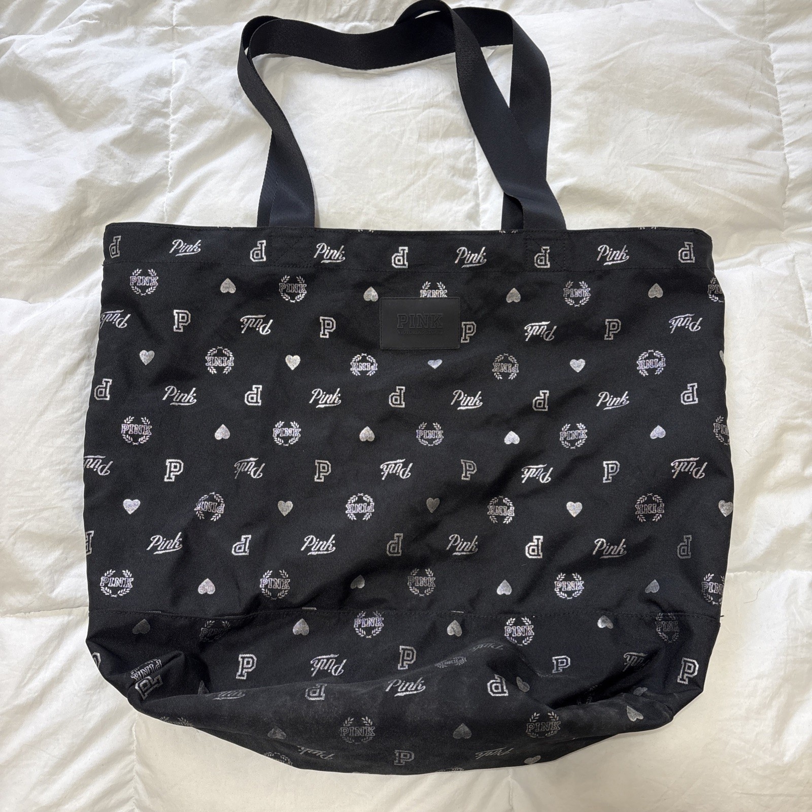 Victoria's Secret Pink Duffle Bag Travel Carry Tote Black And Silver Bag 21 Inch