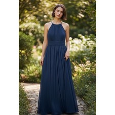 Davids Bridal Navy Blue Halter Pleated Maxi Bridesmaid Dress F19912 Size 14
