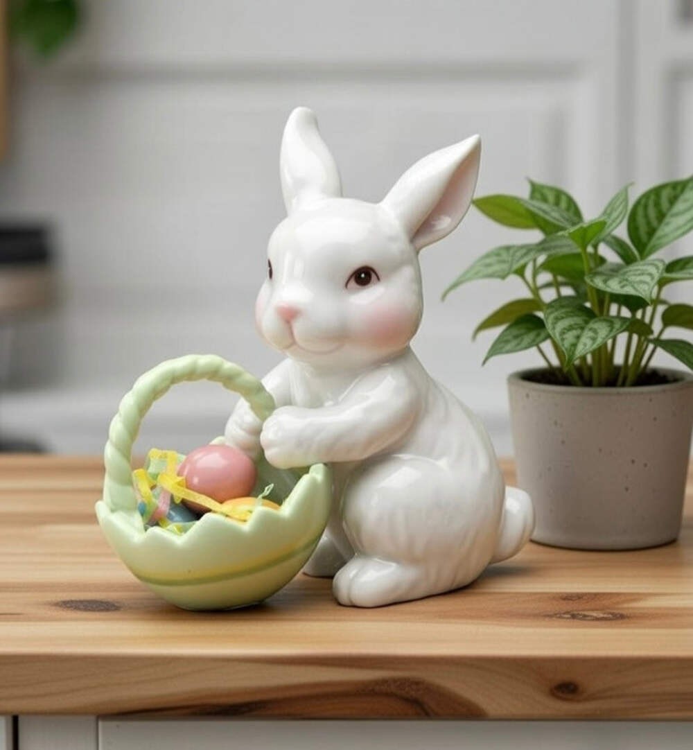 Ceramic Bunny Rabbit With Easter Egg Basket Figurine, Home Décor, Gift ...
