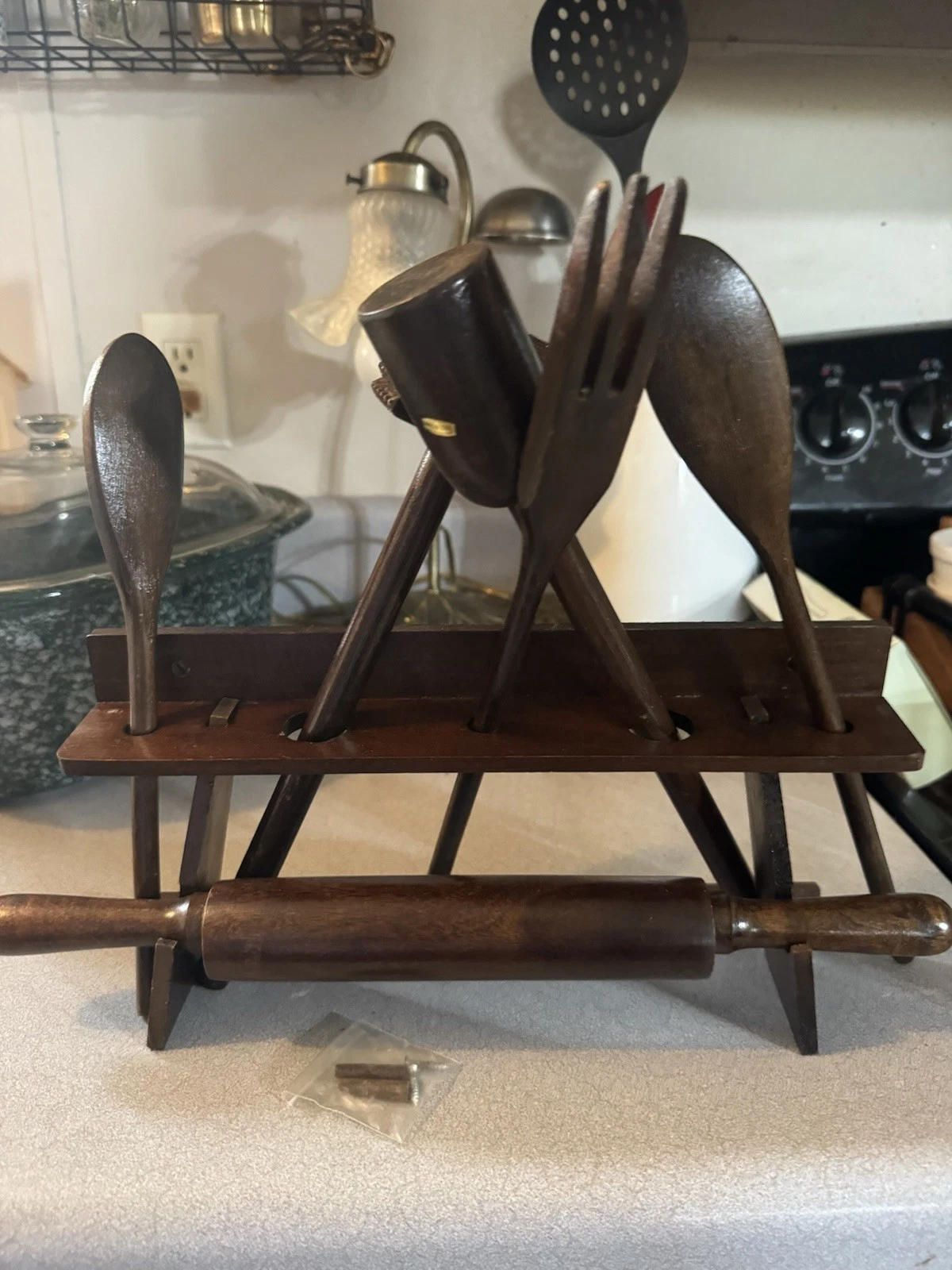 Vintage Primitive Wooden Country Cottage Farmhouse 7 Piece Kitchen Utensil Set