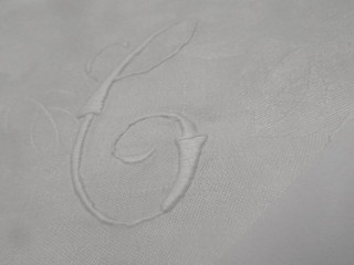 Large Antique Damask Linen Bath Towel Monogram C or G Floral Hemstitched Hem