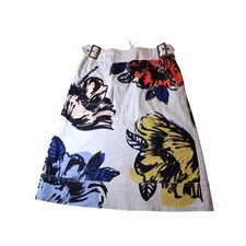 Maeve Anthropologie Floral A-Line Midi Skirt White Bold Print Buckle Waist Sz 8