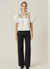 Avara Blouse Top White  Puff Short Sleeve Embroidered V-Neck Sz L