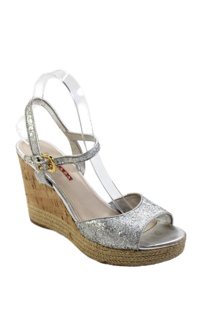 Prada Womens Open Toe Ankle Buckle Sparkly Wedge Heels Silver Tone Size 7