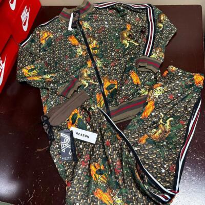 Reason Mens Brown Quick Tiger Print Monogram Jacket And Pant Track Set Size L XL