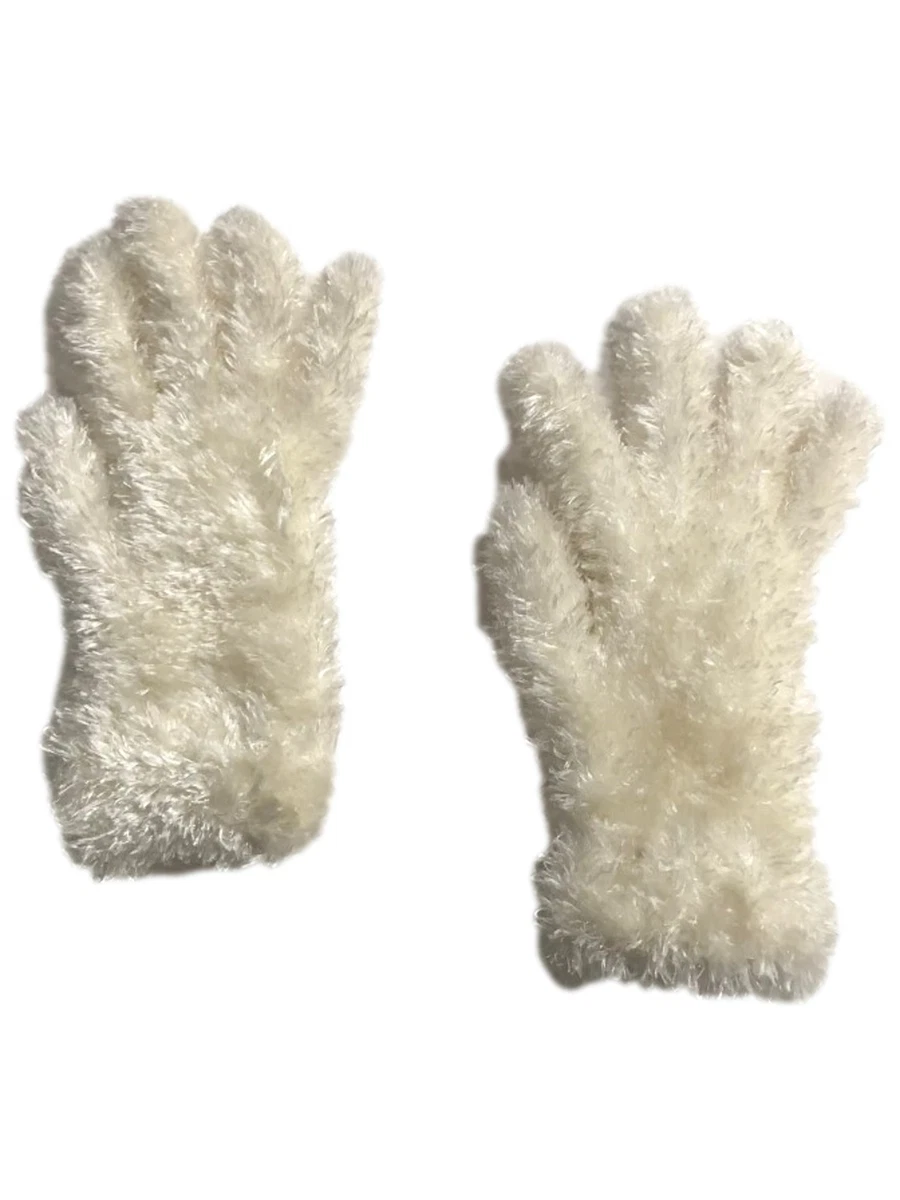 Womens Fuzzy Faux Fur Ivory Off White Knit Gloves