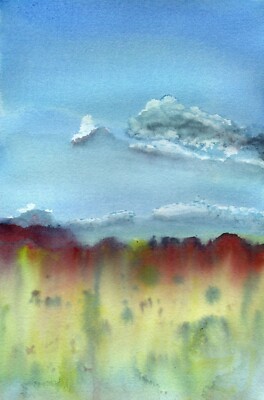 Original Watercolor Painting (10 x 13) Seasons Clouds Mountain Mist Sky Water